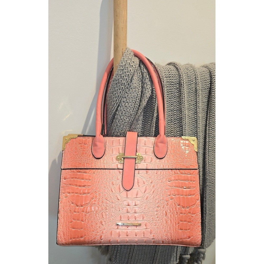 Brahmin Coral Pink Croc Emboss Leather Satchel Handbag Gold Hardware 14 x 11 x 5